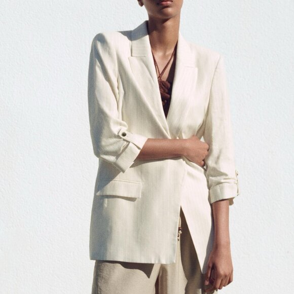 Zara Linen Blend Blazer w/ Rolled Up Sleeves - Picture 2 of 12